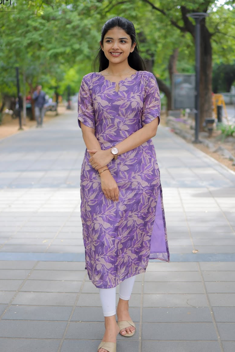 PURPLE TUSSAR KURTI WITH ELBOW SLEEVE