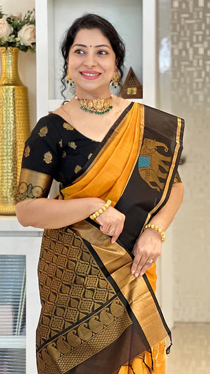 MUSTARD YELLOW WITH BLACK SAREE