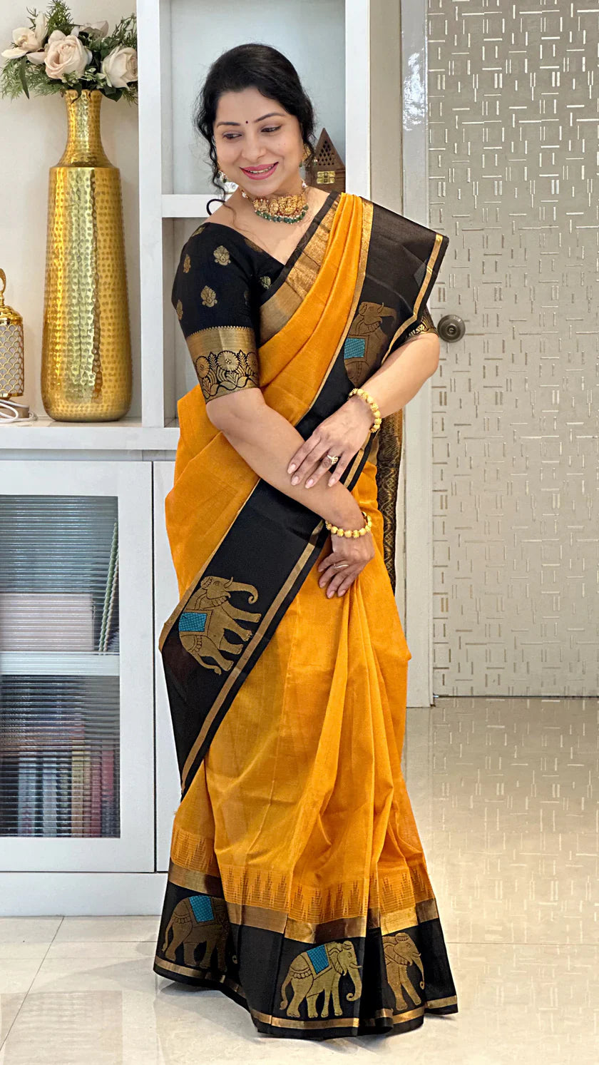 MUSTARD YELLOW WITH BLACK SAREE