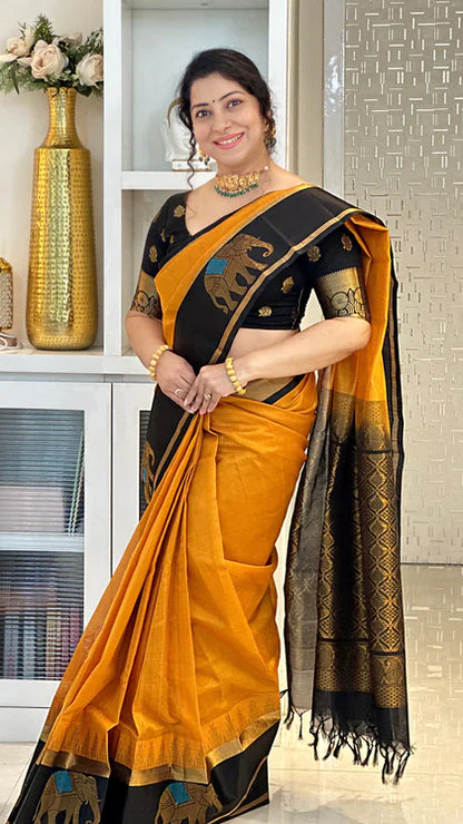 MUSTARD YELLOW WITH BLACK SAREE